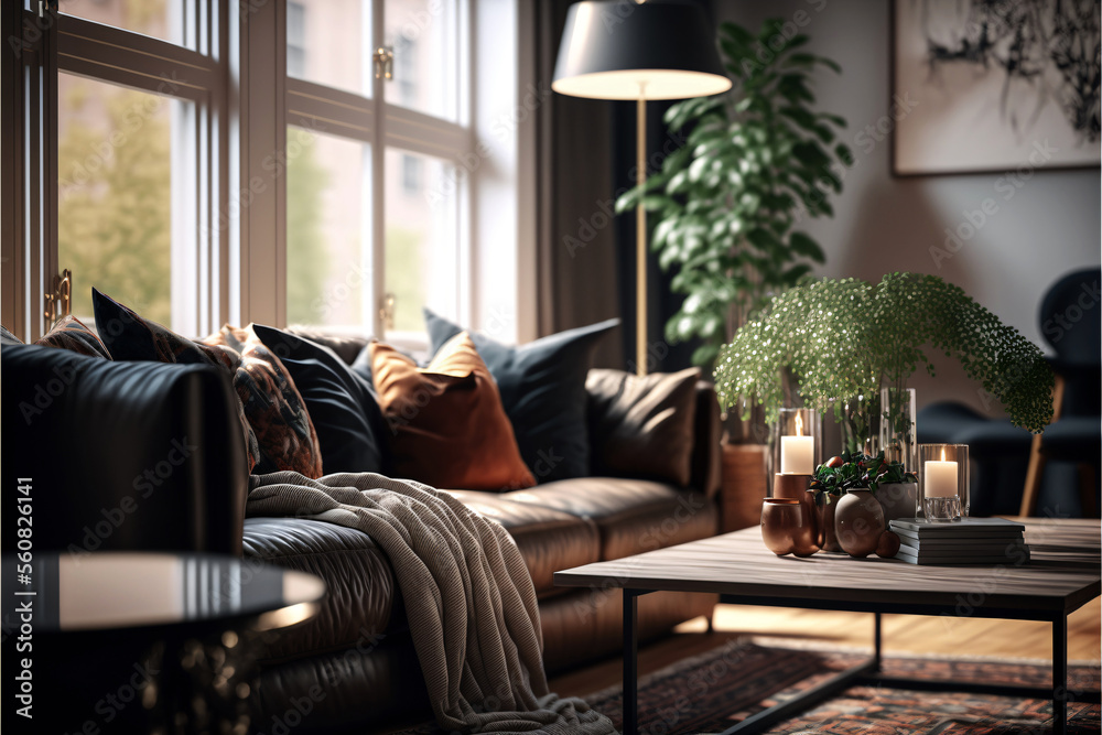 Fototapeta premium Modern living room interior with minimalist scandinavian design. Designed using generative ai.