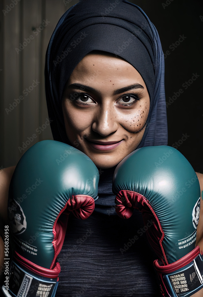 portrait of a Muslim woman boxer wearing gloves, Generative AI portrait of a Muslim woman boxer wearing gloves, Generative AI