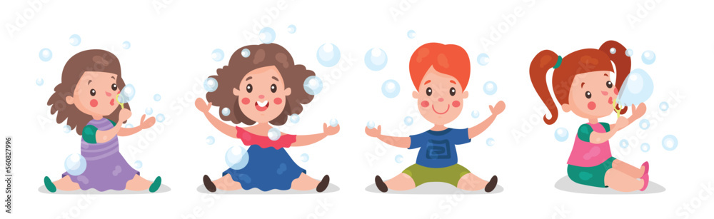 Cute Little Boy and Girl Playing and Blowing Soap Bubbles Vector Set Cute Little Boy and Girl Playing and Blowing Soap Bubbles Vector Set