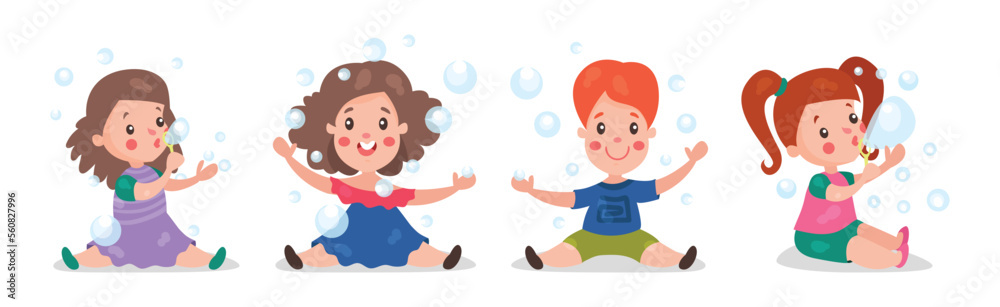 Cute Little Boy and Girl Playing and Blowing Soap Bubbles Vector Set