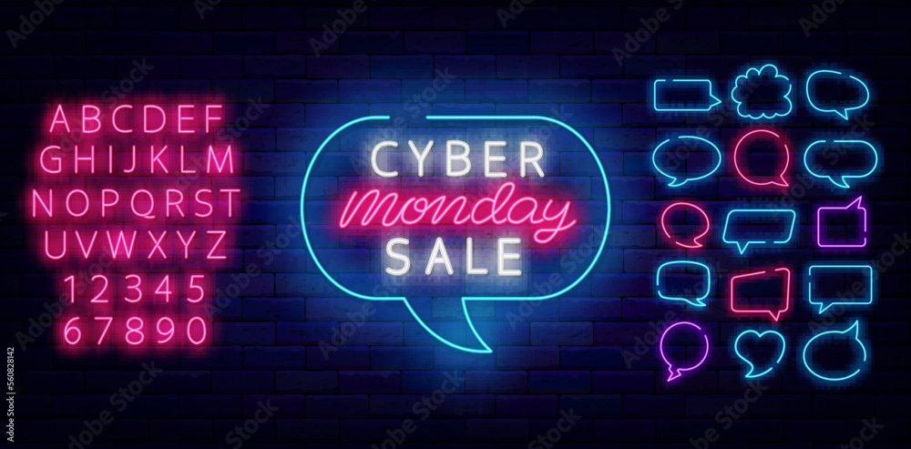 Cyber monday sale neon sign in think cloud. Shiny pink alphabet. Luminous emblem. Glowing logo. Vector illustration Cyber monday sale neon sign in think cloud. Shiny pink alphabet. Luminous emblem. Glowing logo. Vector illustration