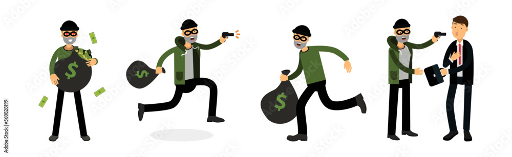 Male Thief or Robber in Mask Committing Crime Stealing Money Vector Set