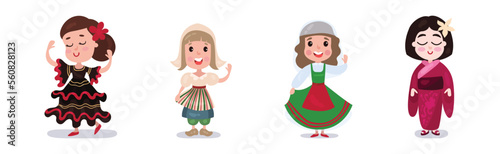 Kids Wearing National Costumes of Different Countries Vector Illustration Set
