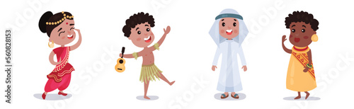 Kids Wearing National Costumes of Different Countries Vector Illustration Set