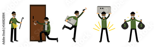 Male Thief or Robber in Mask Committing Crime Stealing Money Vector Set