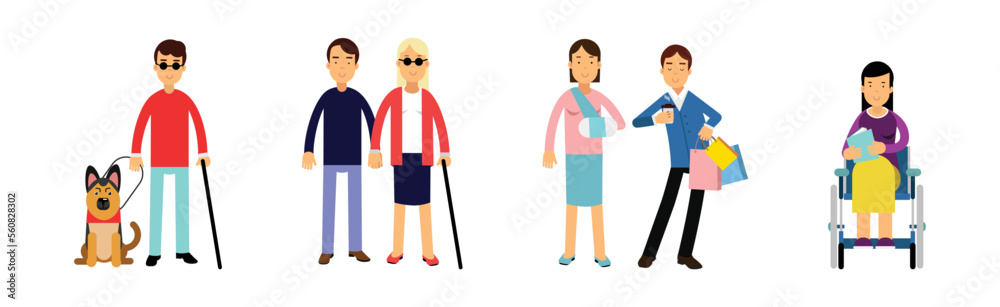 Disabled Man and Woman on Wheelchair and with Cane Vector Set Disabled Man and Woman on Wheelchair and with Cane Vector Set
