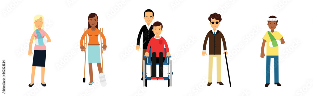 Disabled Man and Woman on Wheelchair and with Crutches Vector Set Disabled Man and Woman on Wheelchair and with Crutches Vector Set