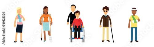 Disabled Man and Woman on Wheelchair and with Crutches Vector Set