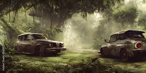 old rusty car in the forest, off road vehicle, car in the rain © Muhammad