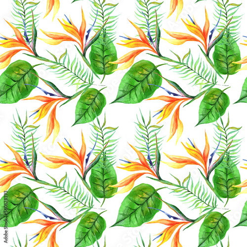  Watercolor tropical flowers and leaves in a seamless pattern. Can be used as fabric  wallpaper  wrap.