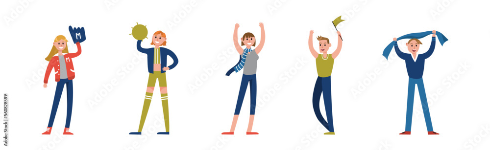 Man and Woman Sport Fan Character Supporting Team Cheering at Stadium Vector Set Man and Woman Sport Fan Character Supporting Team Cheering at Stadium Vector Set