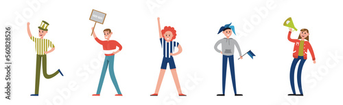 Man and Woman Sport Fan Character Supporting Team Cheering at Stadium Vector Set