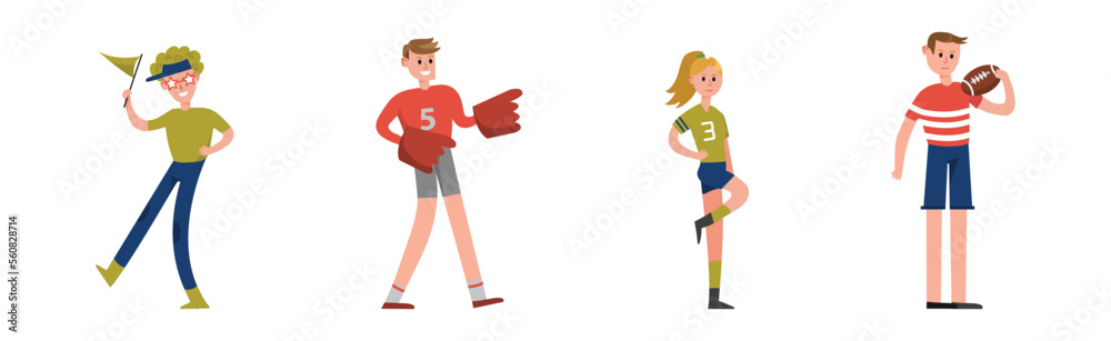 Man and Woman Sport Fan Character Supporting Team Cheering at Stadium Vector Set