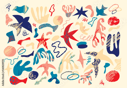A large vector set with abstract elements, stars and birds in the matisse style © Vasia_illi