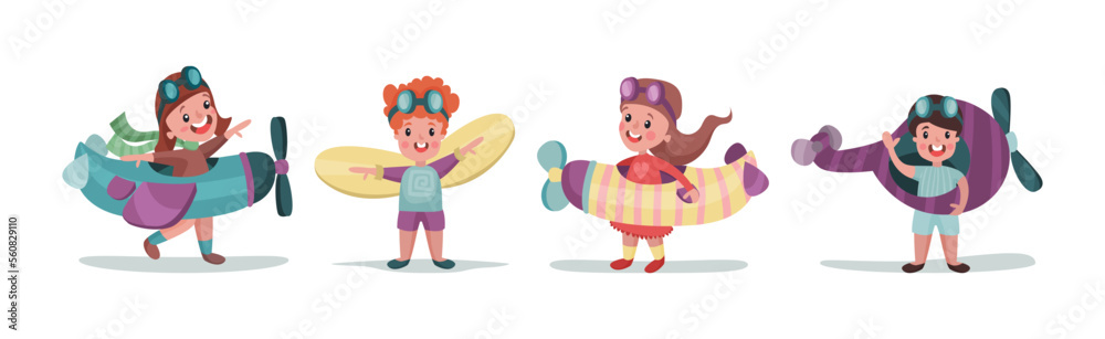 Cute Little Boy and Girl Playing Pilot with Plane and Goggles Vector Set
