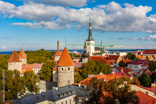 Tallinn cityscape with St. Olav's church (Oleviste kirik) and old town towers, Estonia