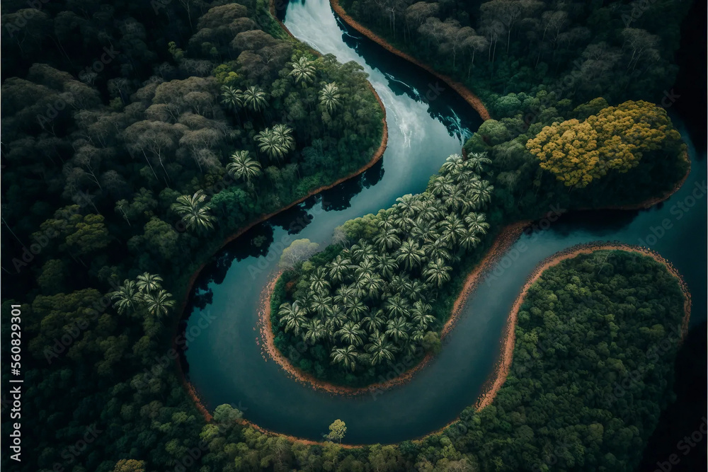 dense tropical forest with a winding river running through it, generative ai
