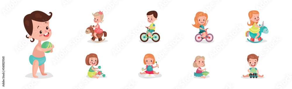 Kid Toddlers Playing with Toys in Nursery Room Vector Set Kid Toddlers Playing with Toys in Nursery Room Vector Set