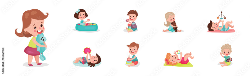 Kid Toddlers Playing with Toys in Nursery Room Vector Set Kid Toddlers Playing with Toys in Nursery Room Vector Set