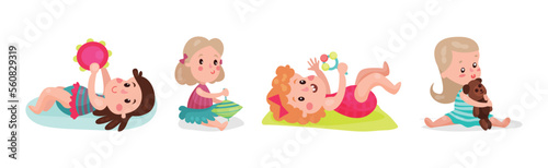 Kid Toddlers Playing with Toys in Nursery Room Vector Set