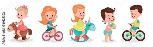 Kid Toddlers Playing with Toys in Nursery Room Vector Set