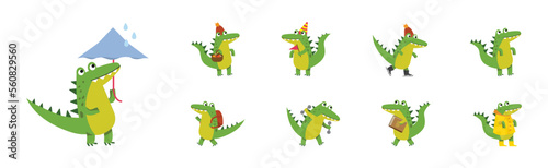Crocodile Cute Green Character In Different Pose and Activity Vector Set