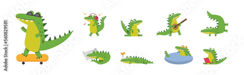 Crocodile Cute Green Character In Different Pose and Activity Vector Set