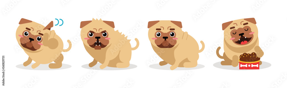 Obraz premium Funny Pug Dog Engaged in Different Activity Vector Set