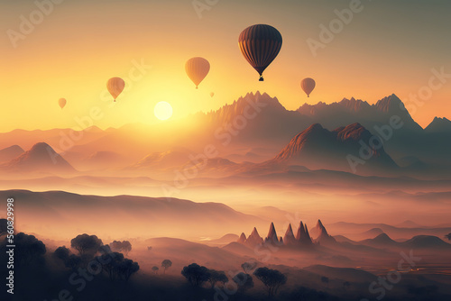 landscape of morning fog and mountains with hot air balloons at sunrise, art illustration 