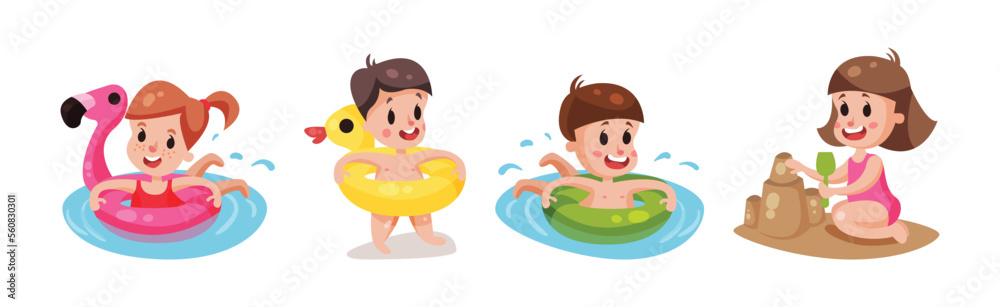 Kids at Seaside Swimming with Rubber Ring and Building Sand Castle Vector Set