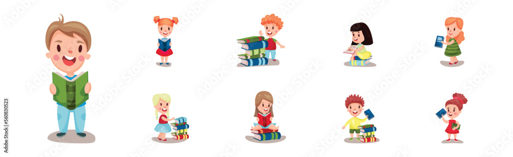 Kids Reading Books and Enjoying Literature Vector Set Kids Reading Books and Enjoying Literature Vector Set