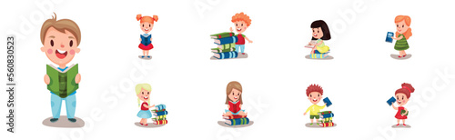 Kids Reading Books and Enjoying Literature Vector Set