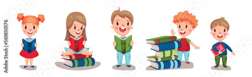 Kids Reading Books and Enjoying Literature Vector Set
