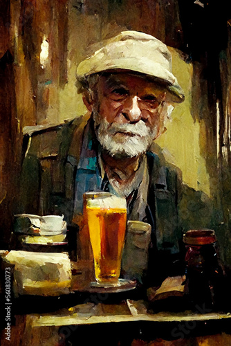 Old man drinking beer in pub, created with generative AI