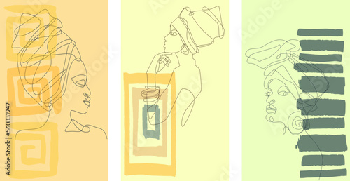 Drawn silhouette of a woman. Set for decorating postcards and banners. Africa. ink. Line-drawn woman. Facial features. Face. African woman. America. Culture.