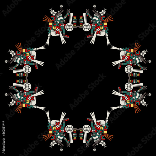 Geometrical frame with Aztec gods. Native American Indian art from Mexican codex. On black background.