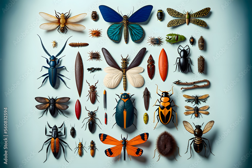 arrangement collection set of insects of different kinds and sizes ...