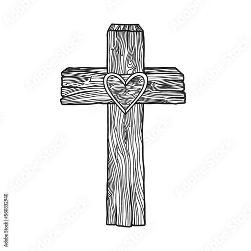 Hand-drawn vector illustration for Easter. A wooden cross with a heart in the center. A symbol of the crucifixion and resurrection of the Lord Jesus Christ.