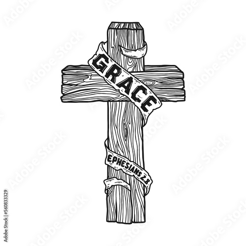 Hand-drawn Christian vector illustration. A wooden cross with the inscription "Grace".