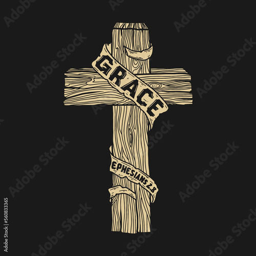 Hand-drawn Christian vector illustration. A wooden cross with the inscription "Grace".