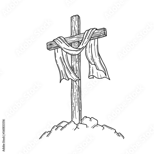 Hand-drawn Christian vector illustration. Wooden cross on a hill. A symbol of the crucifixion of the Lord Jesus Christ.