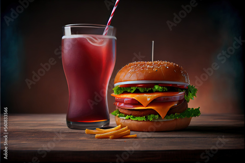 Hamburger fries and a coke soda pop cheeseburger, fast food, illustration, digital art