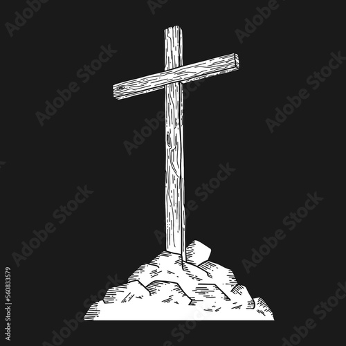 Hand-drawn Christian vector illustration. Wooden cross on a hill. A symbol of the crucifixion of the Lord Jesus Christ.