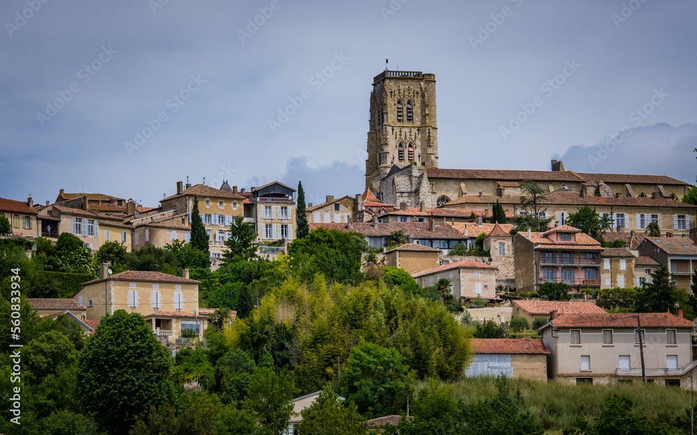 View on the bell tower of the Cathedral and the village of Lectoure in the south of France