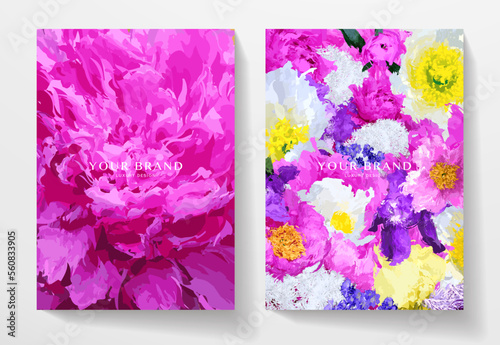 Floral cover design set with abstract peony flower on black background. Elegant vector pattern for invitation, menu, botanical poster, greeting card