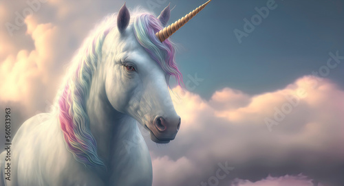 unicorn surrounded by clouds  with rainbows in the background
