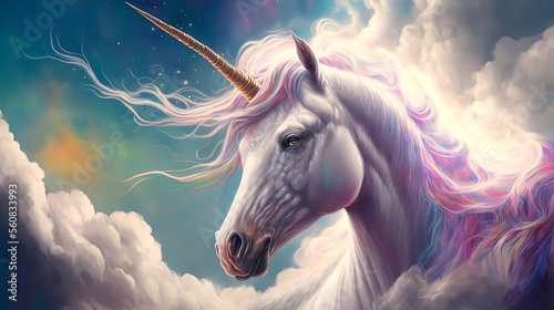 unicorn with colorful hair in the clouds