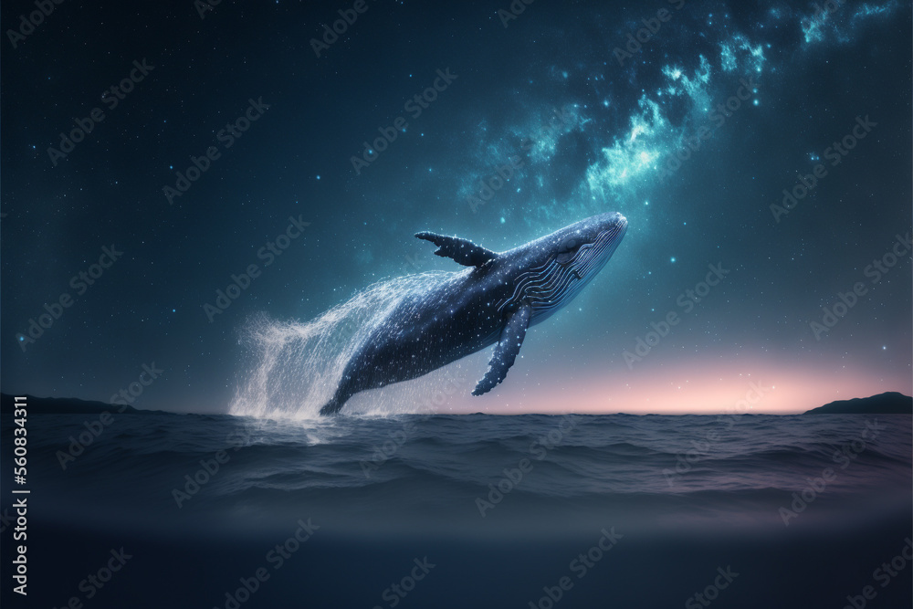Fototapeta premium Milky way and whale is jamping from the sea at starry night in winter. Generative AI. Landscape with whale, water and sky with bright stars and galaxy. Nature