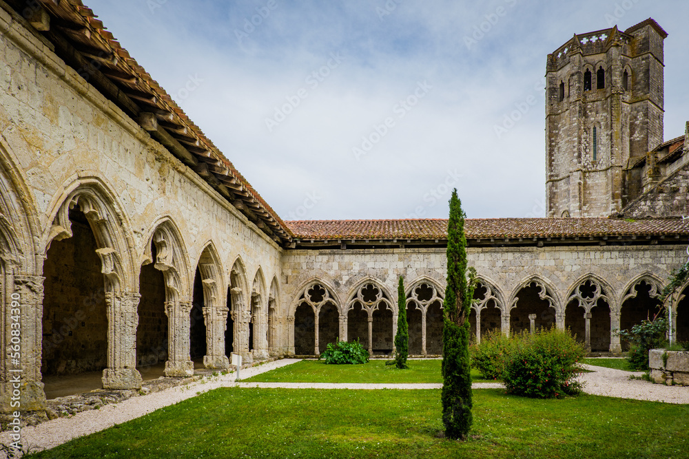 The medieval cloister and tower of the Saint Pierre collegial church in La Romieu, south of France (Gers)