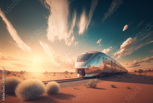 Beautiful high speed train in desert at sunset in summer. Generative AI. Modern intercity passenger train, sand, blue sky with clouds. Railway tourism. Railroad. Commercial transportation. Art